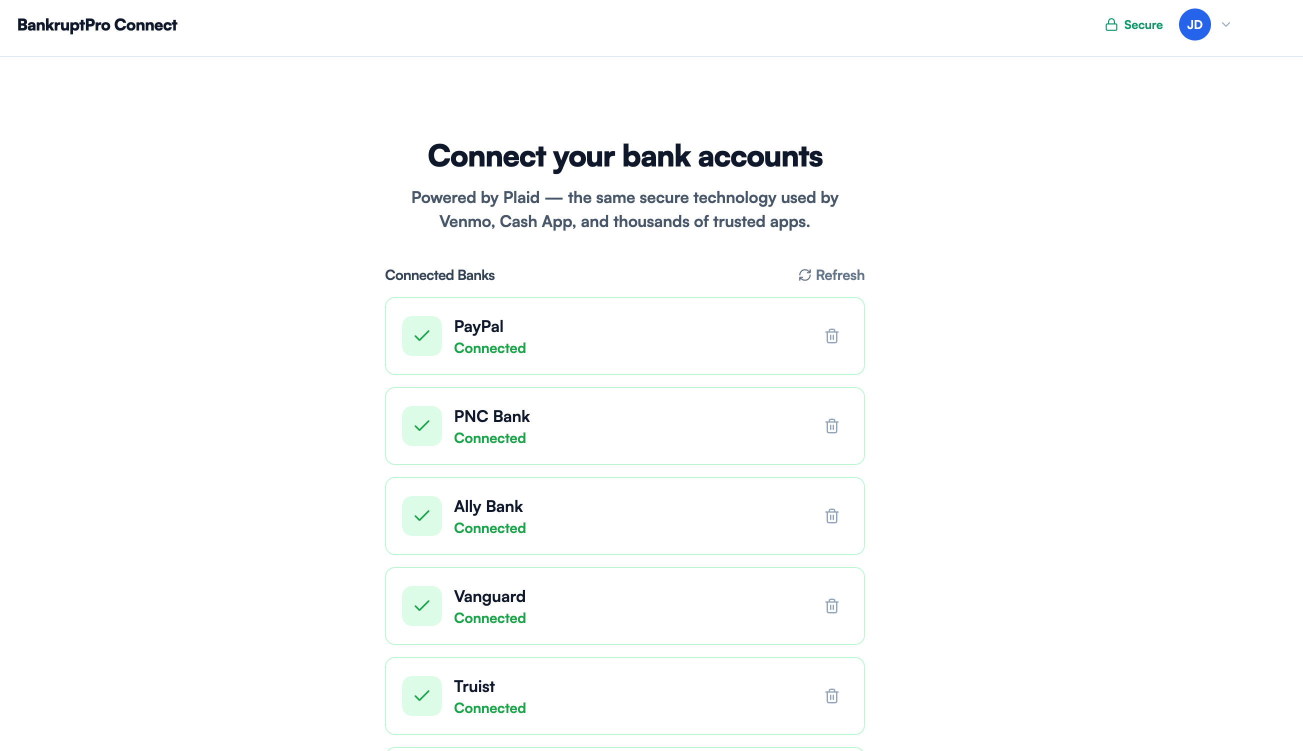 Debtor connecting financial accounts through the secure portal