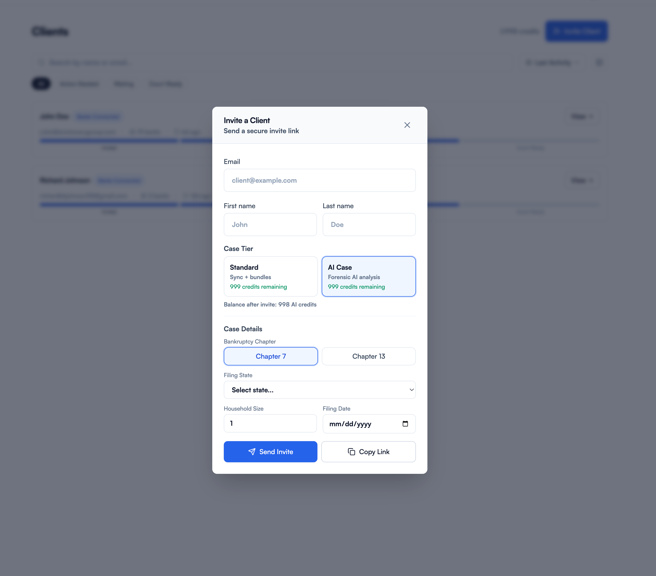 Attorney inviting a debtor to Bankrupt Pro Connect by email
